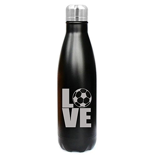 17 oz. Double Wall Vacuum Insulated Stainless Steel Water Bottle Travel Mug Cup Love Soccer (Black)