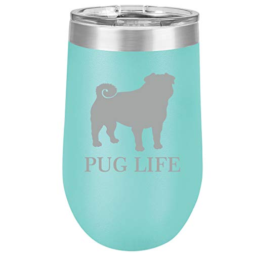 16 oz Double Wall Vacuum Insulated Stainless Steel Stemless Wine Tumbler Glass Coffee Travel Mug With Lid Pug Life (Teal)