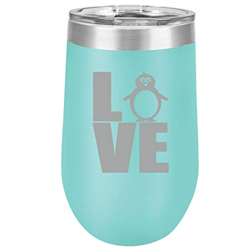 16 oz Double Wall Vacuum Insulated Stainless Steel Stemless Wine Tumbler Glass Coffee Travel Mug With Lid LOVE Penguin (Teal)