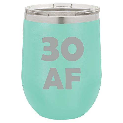 12 oz Double Wall Vacuum Insulated Stainless Steel Stemless Wine Tumbler Glass Coffee Travel Mug With Lid 30 AF 30th Birthday Funny (Teal)