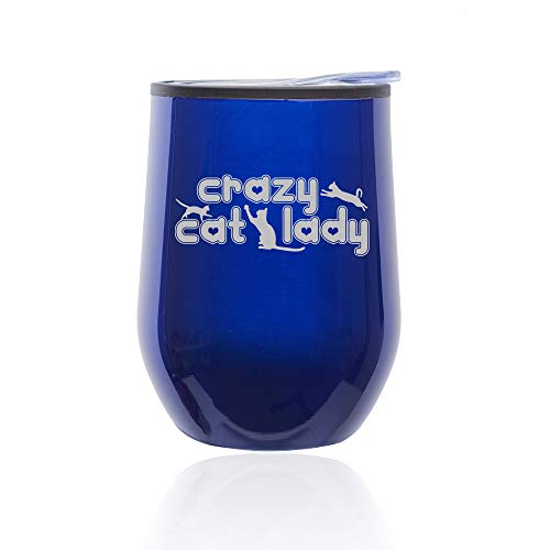 Stemless Wine Tumbler Coffee Travel Mug Glass With Lid Crazy Cat Lady (Blue)