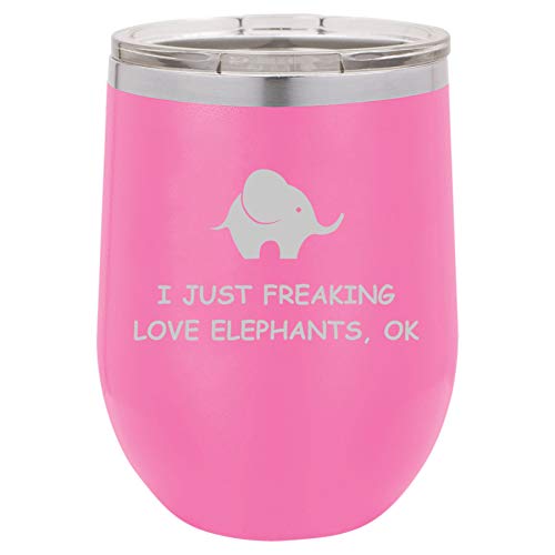 12 oz Double Wall Vacuum Insulated Stainless Steel Stemless Wine Tumbler Glass Coffee Travel Mug With Lid I Just Freaking Love Elephants Funny (Hot Pink)