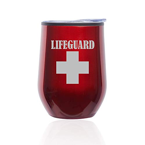 Stemless Wine Tumbler Coffee Travel Mug Glass With Lid Lifeguard (Red)