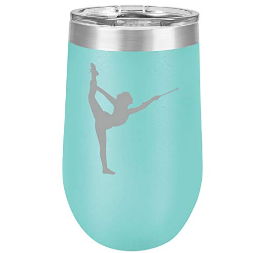 16 oz Double Wall Vacuum Insulated Stainless Steel Stemless Wine Tumbler Glass Coffee Travel Mug With Lid Female Gymnast Twirling Baton Gymnastics (Teal)