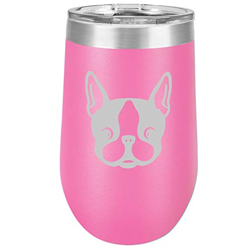 16 oz Double Wall Vacuum Insulated Stainless Steel Stemless Wine Tumbler Glass Coffee Travel Mug With Lid Boston Terrier Puppy (Hot Pink)