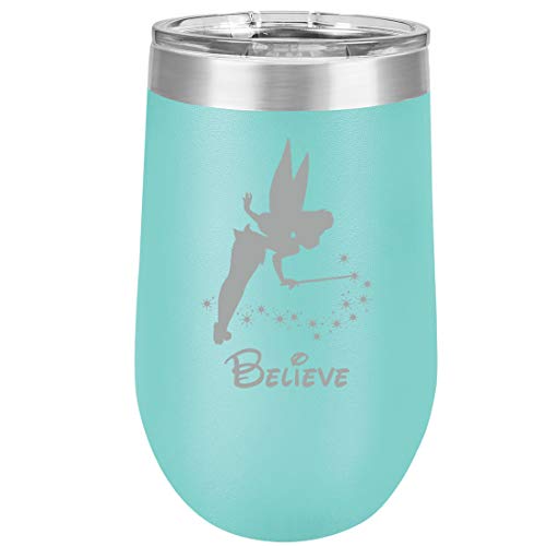 16 oz Double Wall Vacuum Insulated Stainless Steel Stemless Wine Tumbler Glass Coffee Travel Mug With Lid Fairy Believe (Teal)