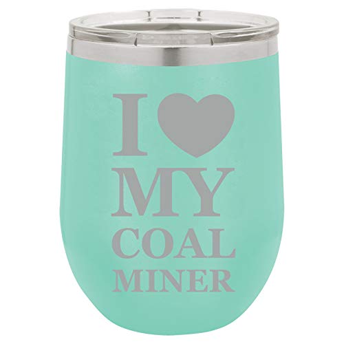 12 oz Double Wall Vacuum Insulated Stainless Steel Stemless Wine Tumbler Glass Coffee Travel Mug With Lid I Love My Coal Miner (Teal)