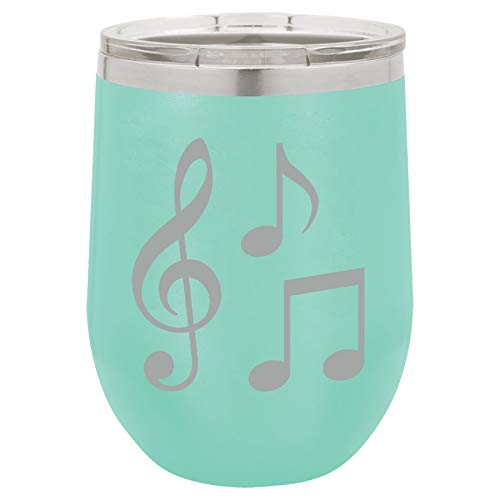 12 oz Double Wall Vacuum Insulated Stainless Steel Stemless Wine Tumbler Glass Coffee Travel Mug With Lid Music Notes (Teal)