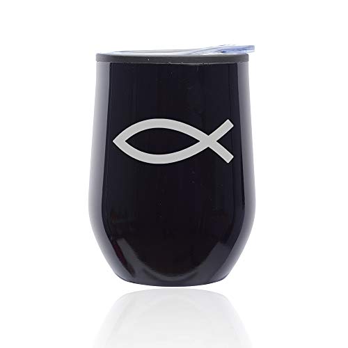 Stemless Wine Tumbler Coffee Travel Mug Glass With Lid Christian Fish Symbol (Midnight Black)