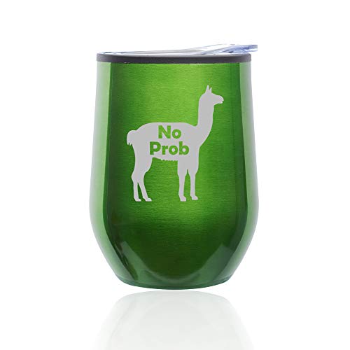 Stemless Wine Tumbler Coffee Travel Mug Glass With Lid No Prob Llama Funny (Green)