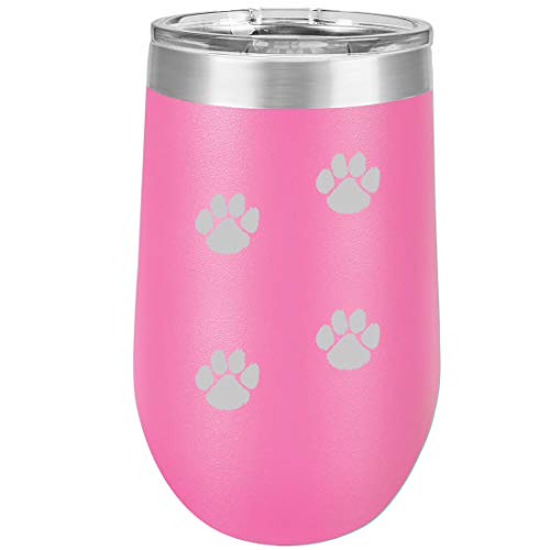 16 oz Double Wall Vacuum Insulated Stainless Steel Stemless Wine Tumbler Glass Coffee Travel Mug With Lid Paw Prints Walking (Hot Pink)