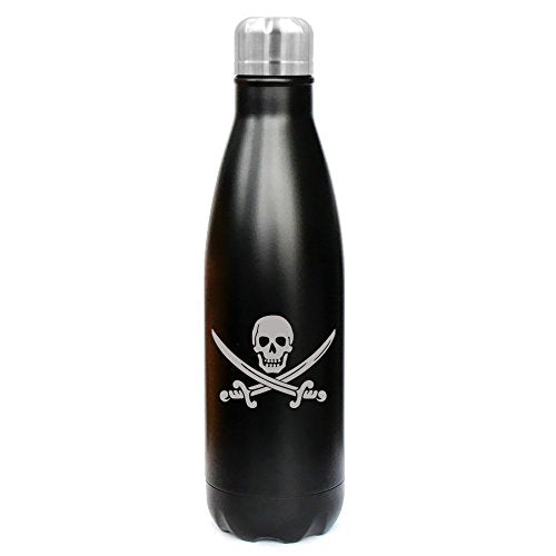 17 oz. Double Wall Vacuum Insulated Stainless Steel Water Bottle Travel Mug Cup Jolly Roger Pirate (Black)