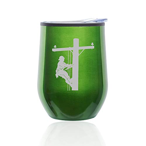 Stemless Wine Tumbler Coffee Travel Mug Glass With Lid Lineman Electric Pole Climber (Green)