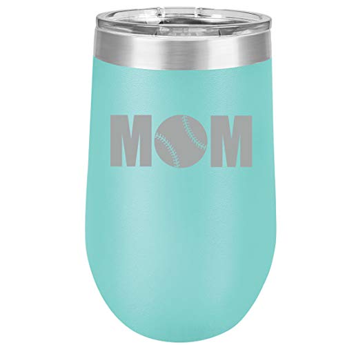 16 oz Double Wall Vacuum Insulated Stainless Steel Stemless Wine Tumbler Glass Coffee Travel Mug With Lid MOM Baseball Softball (Teal)