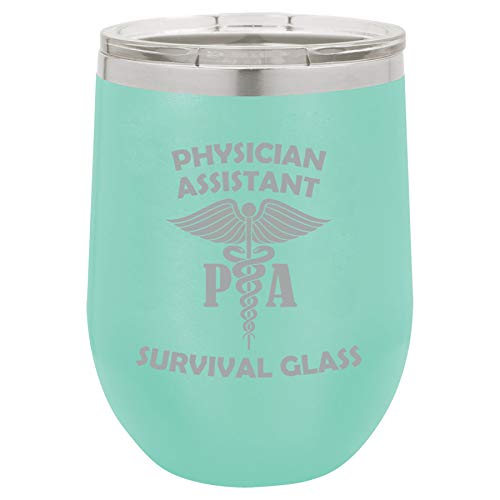 12 oz Double Wall Vacuum Insulated Stainless Steel Stemless Wine Tumbler Glass Coffee Travel Mug With Lid Physician Assistant PA Survival Glass Funny (Teal)