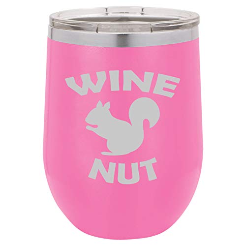 12 oz Double Wall Vacuum Insulated Stainless Steel Stemless Wine Tumbler Glass Coffee Travel Mug With Lid Funny Squirrel Wine Nut (Hot Pink)