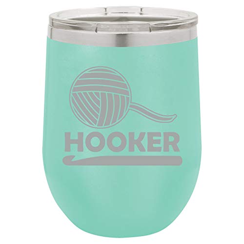 12 oz Double Wall Vacuum Insulated Stainless Steel Stemless Wine Tumbler Glass Coffee Travel Mug With Lid Funny Crochet Hooker (Teal)