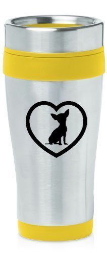 Yellow 16oz Insulated Stainless Steel Travel Mug Z72 Chihuahua Heart,MIP