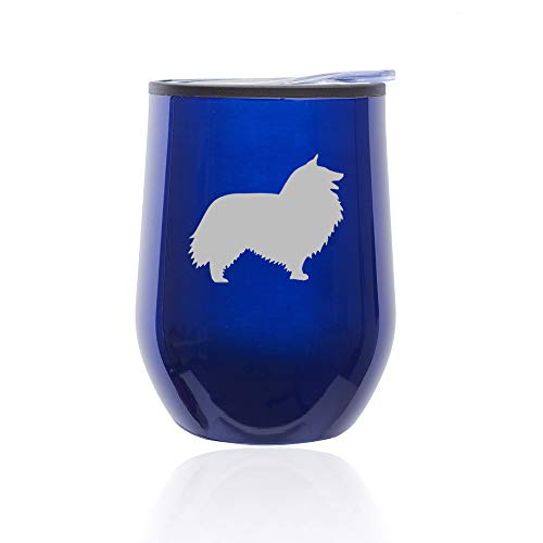 Stemless Wine Tumbler Coffee Travel Mug Glass With Lid Shetland Sheepdog (Blue)