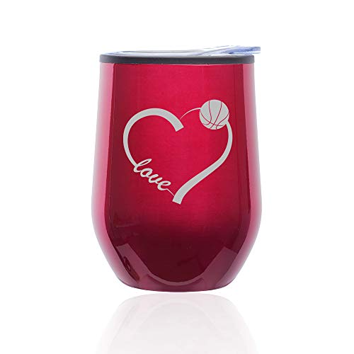Stemless Wine Tumbler Coffee Travel Mug Glass With Lid Love Heart Basketball (Fuchsia)