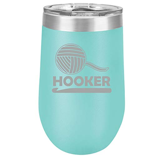16 oz Double Wall Vacuum Insulated Stainless Steel Stemless Wine Tumbler Glass Coffee Travel Mug With Lid Funny Crochet Hooker (Teal)
