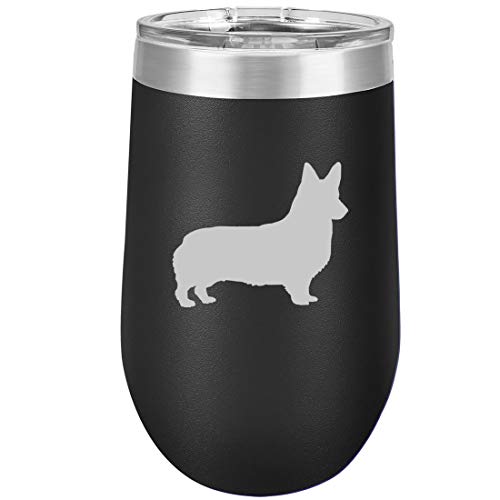 16 oz Double Wall Vacuum Insulated Stainless Steel Stemless Wine Tumbler Glass Coffee Travel Mug With Lid Corgi (Black)
