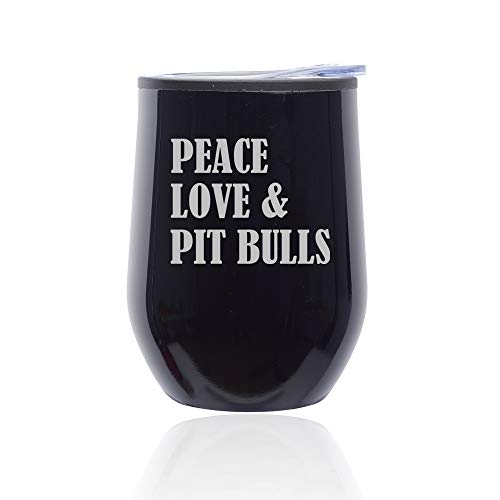 Stemless Wine Tumbler Coffee Travel Mug Glass With Lid Peace Love & Pit Bulls (Midnight Black)