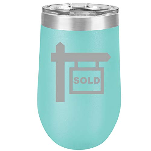 16 oz Double Wall Vacuum Insulated Stainless Steel Stemless Wine Tumbler Glass Coffee Travel Mug With Lid Real Estate Agent Broker Realtor Sold (Teal)