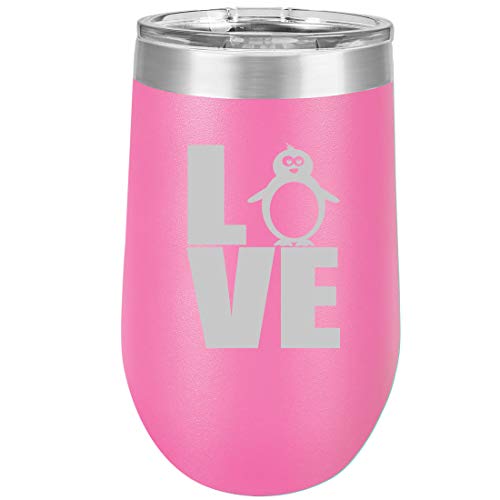 16 oz Double Wall Vacuum Insulated Stainless Steel Stemless Wine Tumbler Glass Coffee Travel Mug With Lid LOVE Penguin (Hot Pink)
