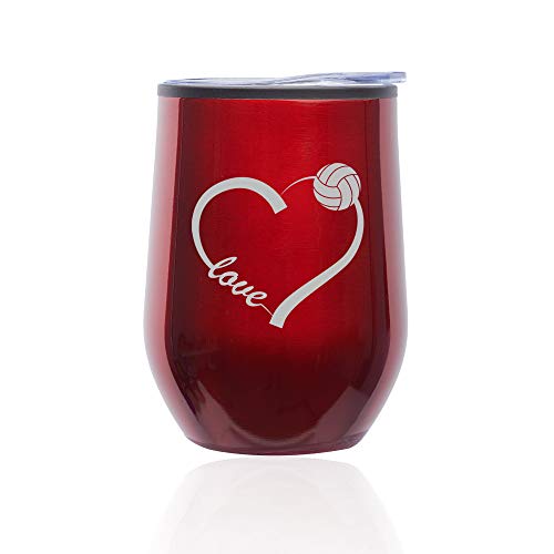 Stemless Wine Tumbler Coffee Travel Mug Glass With Lid Love Heart Volleyball (Red)