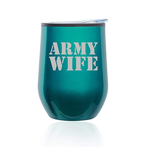 Stemless Wine Tumbler Coffee Travel Mug Glass With Lid Army Wife (Turquoise Teal)