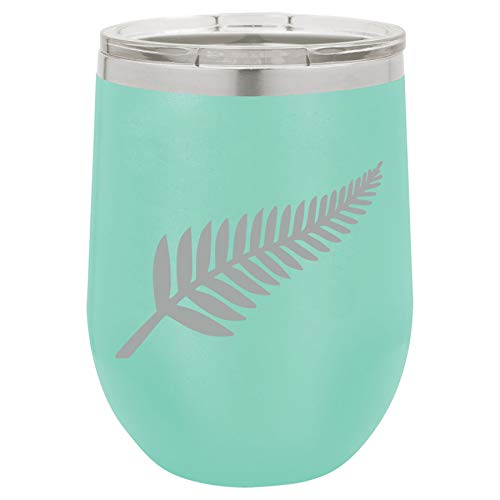 12 oz Double Wall Vacuum Insulated Stainless Steel Stemless Wine Tumbler Glass Coffee Travel Mug With Lid New Zealand Silver Fern (Teal)