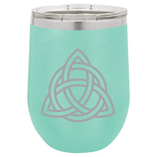 12 oz Double Wall Vacuum Insulated Stainless Steel Stemless Wine Tumbler Glass Coffee Travel Mug With Lid Triquetra Symbol Celtic Knot (Teal)