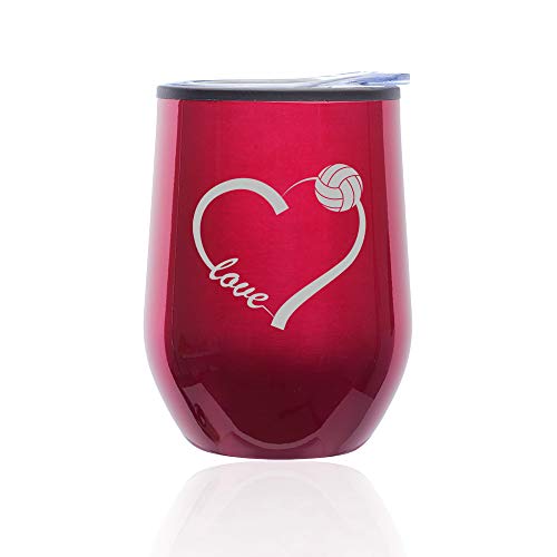 Stemless Wine Tumbler Coffee Travel Mug Glass With Lid Love Heart Volleyball (Fuchsia)
