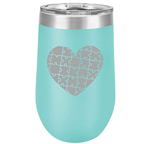 16 oz Double Wall Vacuum Insulated Stainless Steel Stemless Wine Tumbler Glass Coffee Travel Mug With Lid Heart Puzzle Autism (Teal)