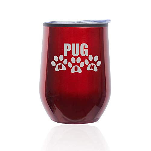 Stemless Wine Tumbler Coffee Travel Mug Glass With Lid Pug Mom (Red)
