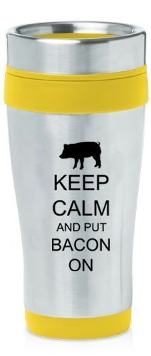 Yellow 16oz Insulated Stainless Steel Travel Mug Z2209 Keep Calm and Put Bacon On It with Pig,MIP