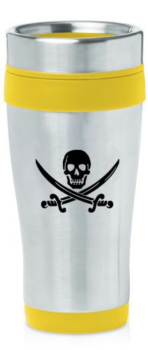 Yellow 16oz Insulated Stainless Steel Travel Mug Z1129 Jolly Roger Pirate