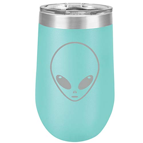 16 oz Double Wall Vacuum Insulated Stainless Steel Stemless Wine Tumbler Glass Coffee Travel Mug With Lid Alien Head (Teal)