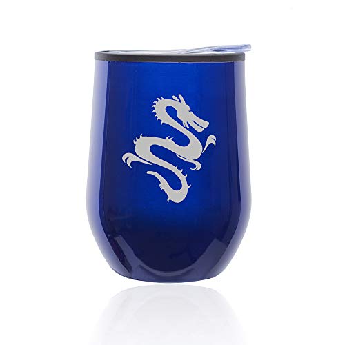 Stemless Wine Tumbler Coffee Travel Mug Glass With Lid Dragon (Blue)