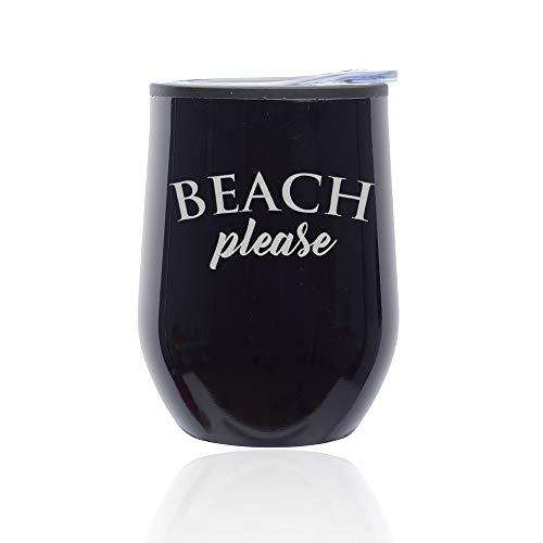 Stemless Wine Tumbler Coffee Travel Mug Glass With Lid Beach Please (Midnight Black)