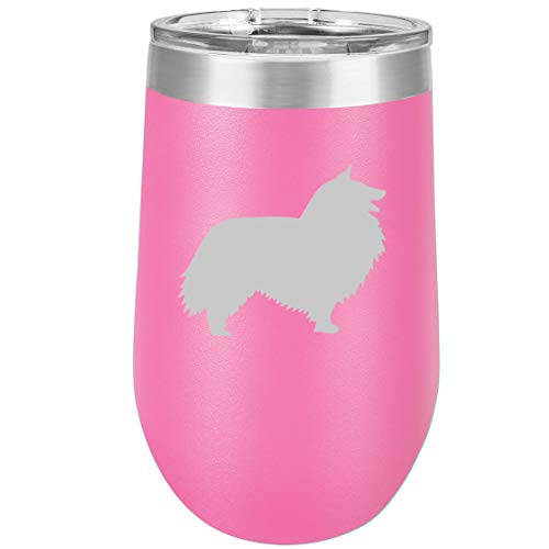 16 oz Double Wall Vacuum Insulated Stainless Steel Stemless Wine Tumbler Glass Coffee Travel Mug With Lid Shetland Sheepdog (Hot Pink)