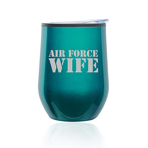 Stemless Wine Tumbler Coffee Travel Mug Glass With Lid Air Force Wife (Turquoise Teal)