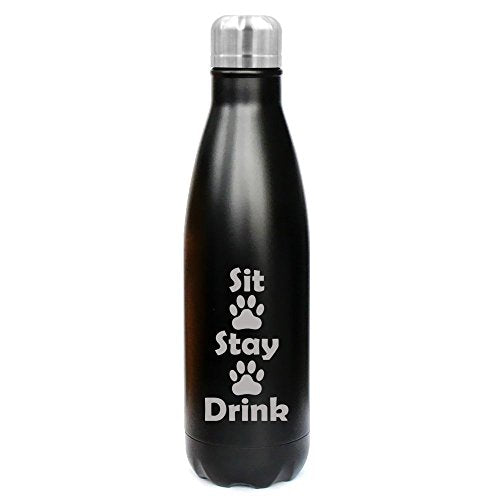 17 oz. Double Wall Vacuum Insulated Stainless Steel Water Bottle Travel Mug Cup Sit Stay Drink Funny Paw Prints Dog Cat Animal Lover (Black)