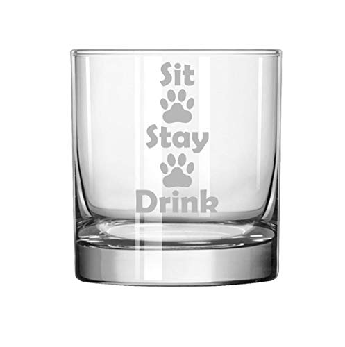 11 oz Rocks Whiskey Highball Glass Sit Stay Drink Funny Paw Prints Dog Cat Animal Lover