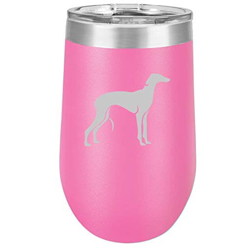 16 oz Double Wall Vacuum Insulated Stainless Steel Stemless Wine Tumbler Glass Coffee Travel Mug With Lid Greyhound (Hot Pink)