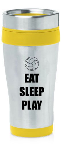 Yellow 16oz Insulated Stainless Steel Travel Mug Z905 Eat Sleep Play Volleyball