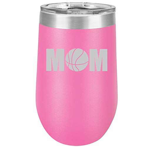 16 oz Double Wall Vacuum Insulated Stainless Steel Stemless Wine Tumbler Glass Coffee Travel Mug With Lid MOM Basketball (Hot Pink)