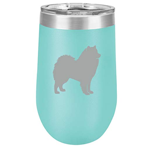 16 oz Double Wall Vacuum Insulated Stainless Steel Stemless Wine Tumbler Glass Coffee Travel Mug With Lid Samoyed (Teal)