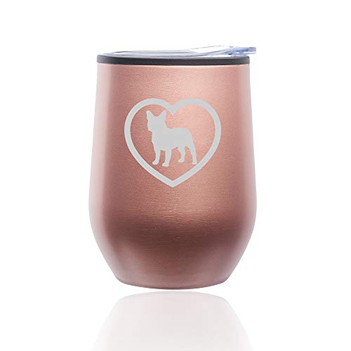 Stemless Wine Tumbler Coffee Travel Mug Glass With Lid French Bulldog Heart (Rose Gold)